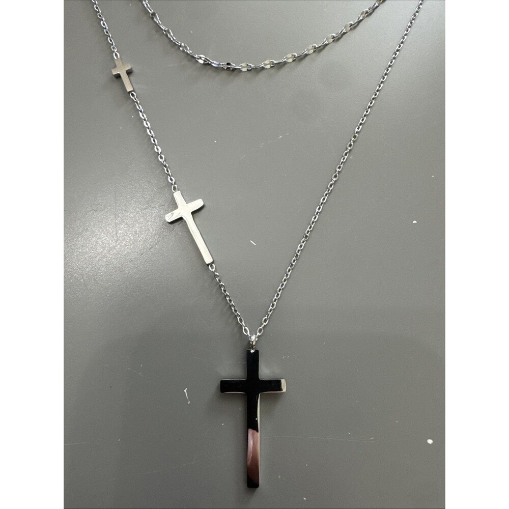 Triple Cross Double Necklace Pendant Stainless Steel Women’s Gift Catholic Jesus